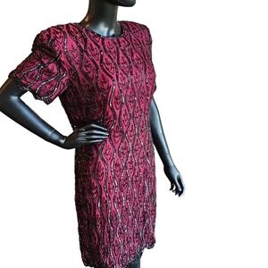 Wine/Black Beaded Midi Party Dress